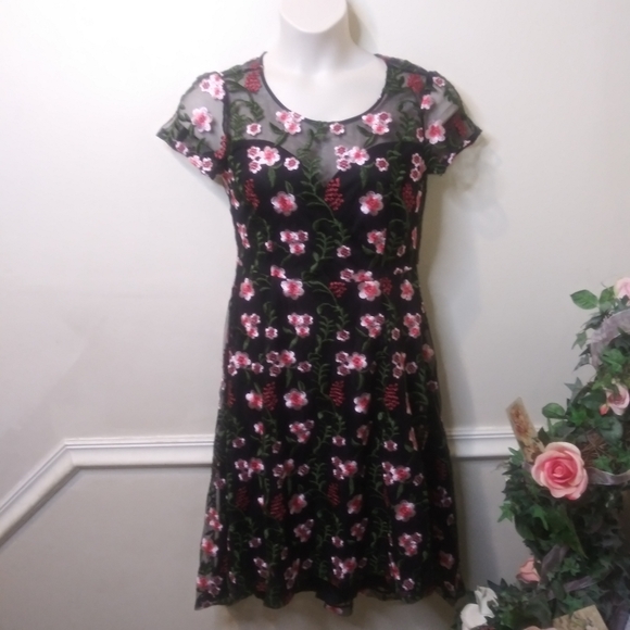 Modcloth Rose & Green Floral Embroidered Black Net Dress - Picture 13 of 13